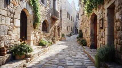 Fototapeta premium A cobblestone street in a charming village, sunlight illuminates the stone buildings and lush greenery.