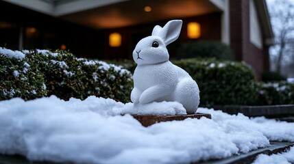 A white rabbit statue sits in the snow in front of a house.