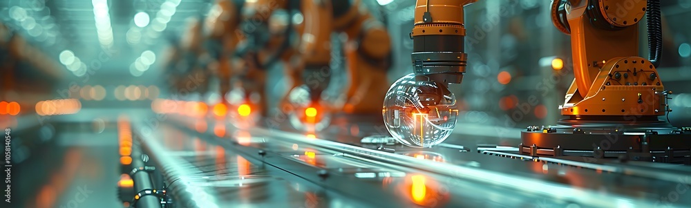 Aufkleber an advanced assembly line featuring robotic arms, focused on precision and technology in a high-tech