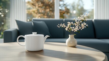 A cozy living room showcases autumn decor with a white mug, pumpkins, and pampas grass arranged on a wooden tray against a grey sofa
