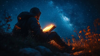 Person reading a glowing book under a starry sky.
