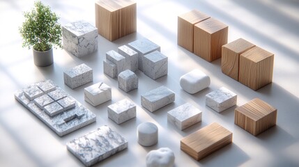 Fototapeta premium A collection of various wood and marble blocks and geometric shapes on a white surface, with a small potted plant in the corner.