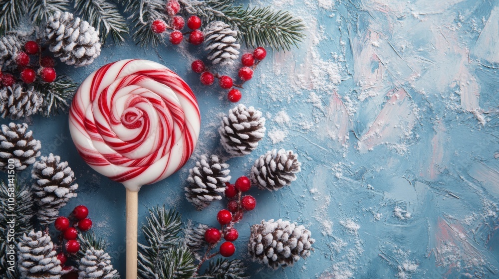 Poster a red and white peppermint lollipop with a wooden stick rests on a light blue background. the lollip