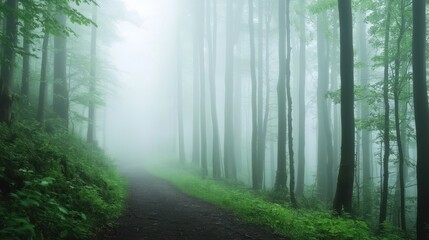 Naklejka premium A foggy forest with a path through it