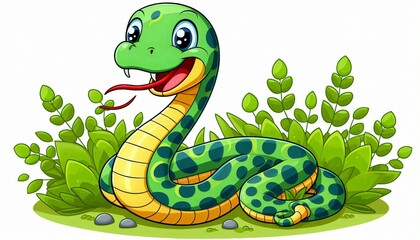Naklejka premium Cute Cartoon Green Snake in Grass Illustration