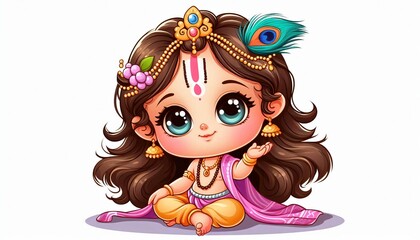 Naklejka premium Cute Cartoon Illustration of Krishna Hindu God
