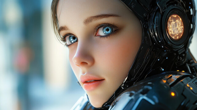 A closeup of a humanlike female android, showcasing advanced AI integration and a sleek design in soft daylight. - Powered by Adobe