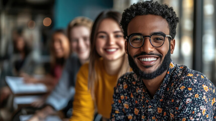 Fototapeta premium A vibrant office scene where diverse colleagues unite, showcasing inclusivity and positivity among disabled and LGBTQ team members.