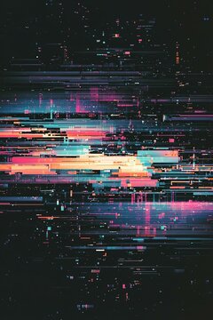 Horizontal distortion of broken video image on black background vhs effect glitch digital color pixel noise. stock abstract pixel background glitch texture. color digital noise vhs corrupted signal.