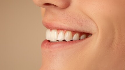 Obraz premium A closeup of an unsatisfied person gritting their teeth, expressing negativity against a soft beige background.