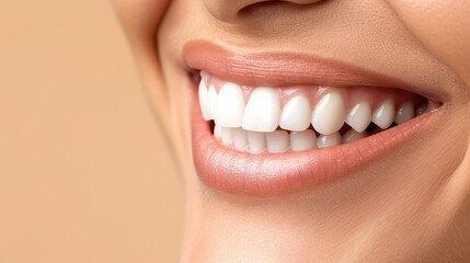 Obraz premium A closeup of an unsatisfied person gritting their teeth, expressing negativity against a soft beige background.