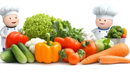 Cartoon Chefs with Fresh Vegetables and Salad   Healthy Eating Concept