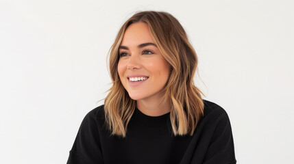 Obraz premium Bright and joyful woman laughing heartily, radiating positivity in a clean, white backdrop, capturing pure happiness.