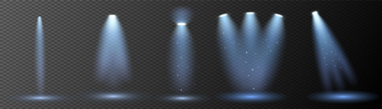 Illumination backlight effects 3d realistic vector illustration. Glowing stage lanterns design. Lamps light on transparent back ground