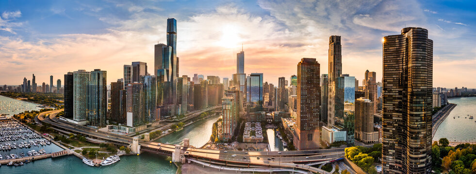 Aerial panorama of Chicago, Illinois skyline at sunset. Chicago is the most populous city in the U.S. state of Illinois and in the Midwestern United States.