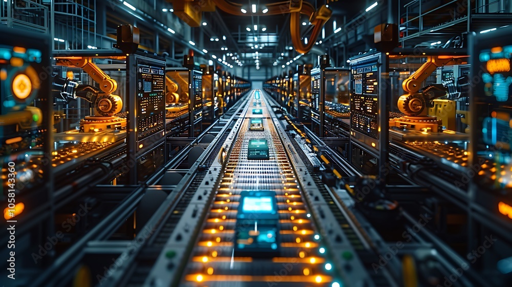 Poster a modern automated assembly line featuring robotic arms and illuminated machinery, showcasing advanc