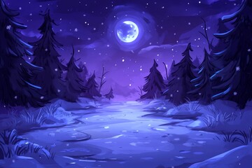 Fantasy night forest illustration under a starry sky with a bright moon casting a magical glow on snowy trees capturing the whimsical beauty of a winter night