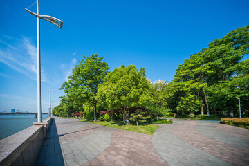 Tranquil Urban Park Along the Waterfront Under Clear Blue Sky