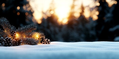 A breathtaking sunset casting a warm glow over a snow-blanketed landscape, accented by pine branches and cones covered with a soft layer of shimmering snow.