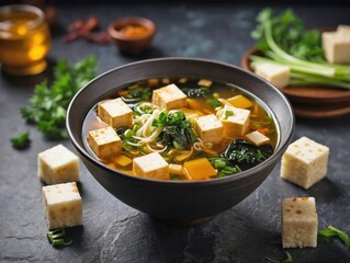 Miso Soup with Simple Garnishes on Slate Background