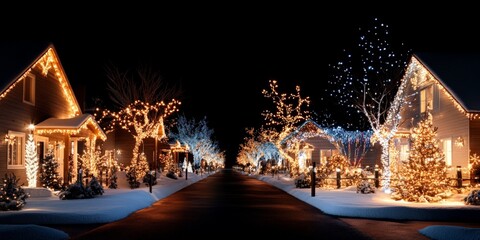 A picturesque street lined with snow-covered houses decorated in bright holiday lights, creating a warm, inviting, and magical atmosphere perfect for a winter wonderland stroll.