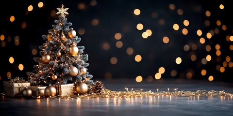 Obraz premium A beautifully decorated Christmas tree adorned with golden ornaments and lights, set against a blurred bokeh background, capturing festive elegance and warmth.