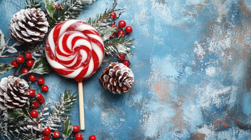 Poster a red and white peppermint lollipop is placed on a blue background. there are pine sprigs with red b