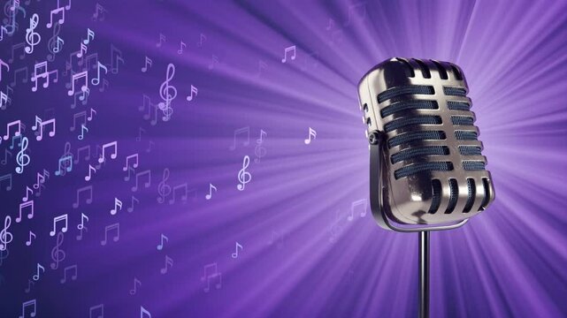 Repeating blue violet karaoke background with copy space and 3d vintage metal retro microphone model with floating music notes and light rays. Looping video backdrop. For lyrics or radio talk show.