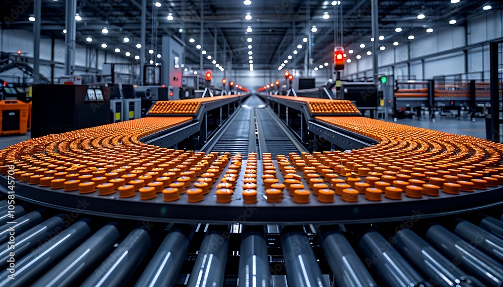 Aufkleber a vibrant assembly line showcasing a circular conveyor belt filled with orange containers in a moder