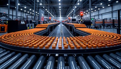 A vibrant assembly line showcasing a circular conveyor belt filled with orange containers in a modern warehouse.