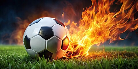Fototapeta premium Soccer ball with flames on grassy field, sports, soccer, football, flames, hot, fiery, intense, competition, game, field