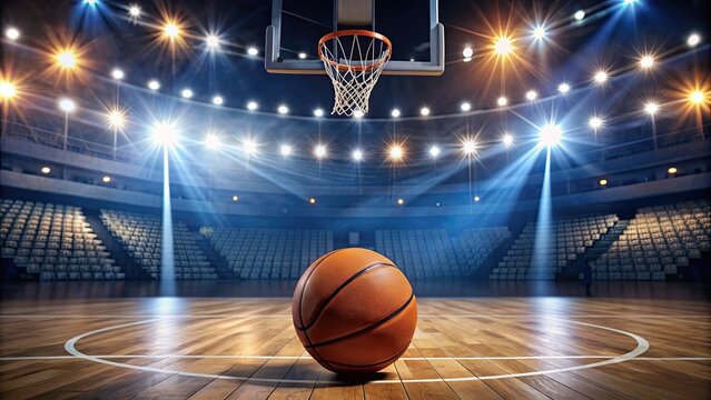 Basketball court with ball and VBS sign in the foreground under stadium lights, basketball, court, ball