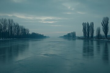 Obraz premium Winter river lined with snow covered trees under an overcast sky capturing the serene beauty and quiet reflection of a cold peaceful winter landscape