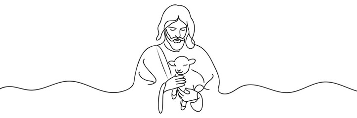 Continuous one line drawing of Jesus Christ holding a lamb in his arms.