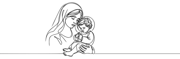 Mary with the newborn Jesus in her arms Continuous one line drawing