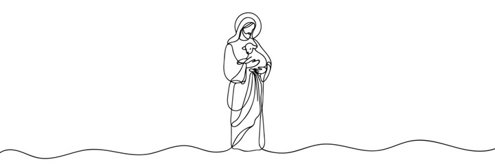 Continuous one line drawing of Jesus Christ holding a lamb in his arms. © Vasyl Yurlov