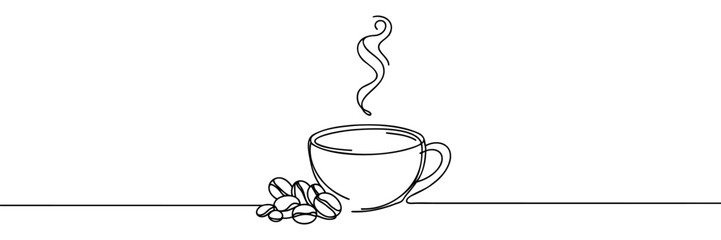 One continuous line drawing Cup of Coffee with coffee beans. A cup of coffee simple outline vector.