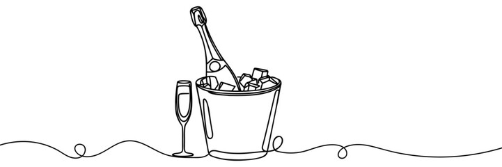 Continuous one line drawing Champagne bottle Wine Bucket Alcoholic drink and glass. one line drawing on white background. © Vasyl Yurlov