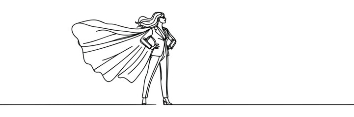 Single continuous line drawing businesswoman superhero with cloak . Business takes off. Business project concept. One line draw graphic design vector illustration © Vasyl Yurlov