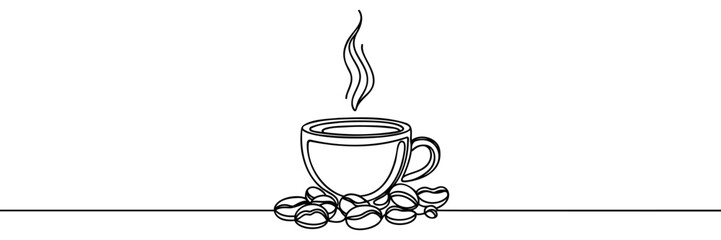 One continuous line drawing Cup of Coffee with coffee beans. A cup of coffee simple outline vector.