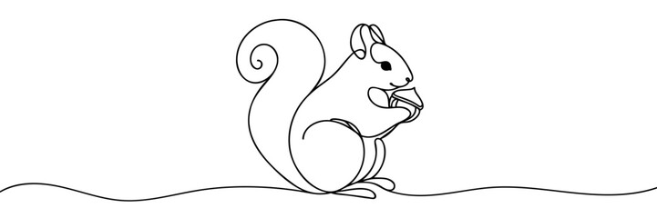 Continuous one line drawing squirrel sits eating nuts. Animals concept single line draw design graphic vector illustration
