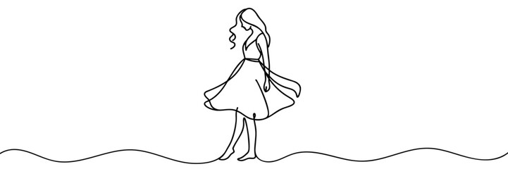 Young beautiful girl in a dress. Continuous one line drawing