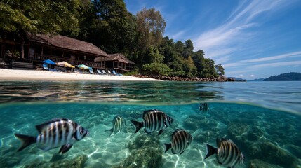 Tropical beach with clear water and fish swimming.