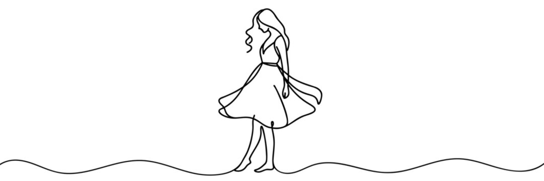 Young beautiful girl in a dress. Continuous one line drawing