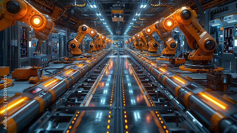 Aufkleber a high-tech manufacturing facility featuring robotic arms working efficiently along a conveyor belt 