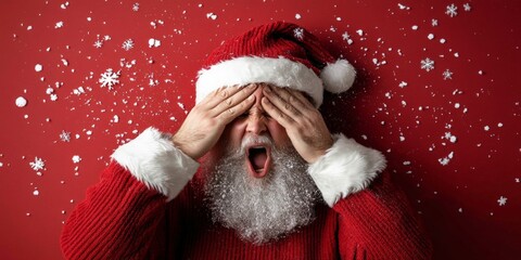 A playful Santa Claus covering his eyes with a surprised open mouth, surrounded by a swirling array of snowflakes on a red festive background, full of fun.