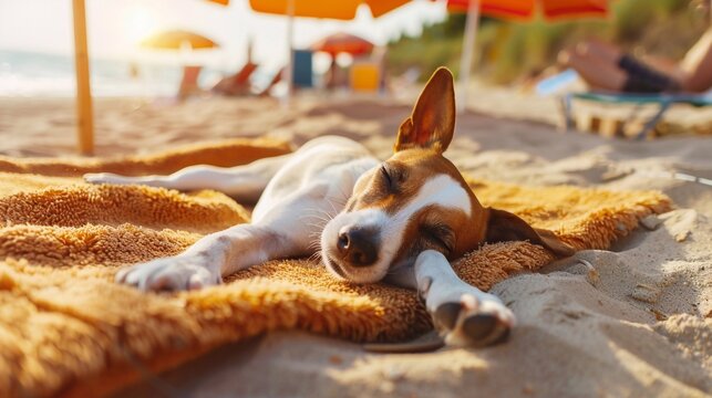A tired dog rests on the hot beach, its fur glistening in the sun, tongue hanging out as it escapes the midday heat.