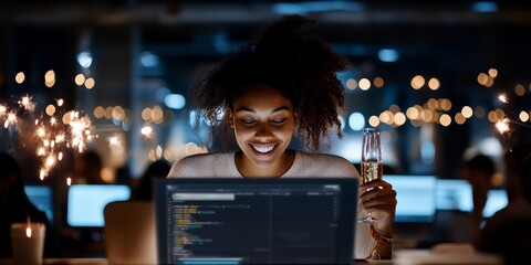 A young woman smiling while coding on a laptop during the festive season, holding a sparkler, embodying a blend of celebration, joy, and IT creativity.