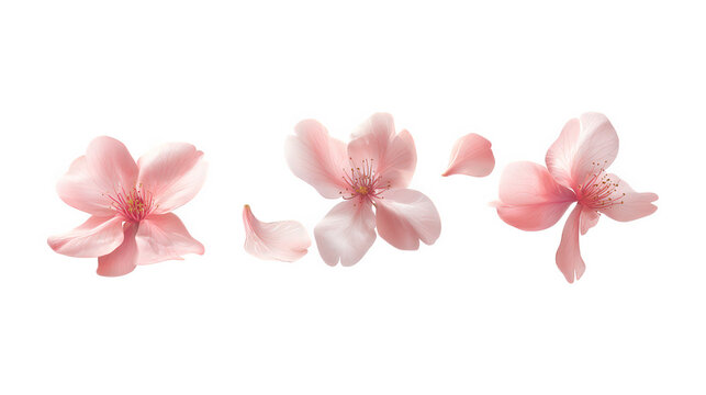 Set of cherry blossom flowers showcasing petals in various stages of bloom, isolated on transparent PNG background