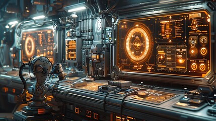 A futuristic control room featuring advanced technology, glowing interfaces, and robotic elements, creating a sci-fi atmosphere.